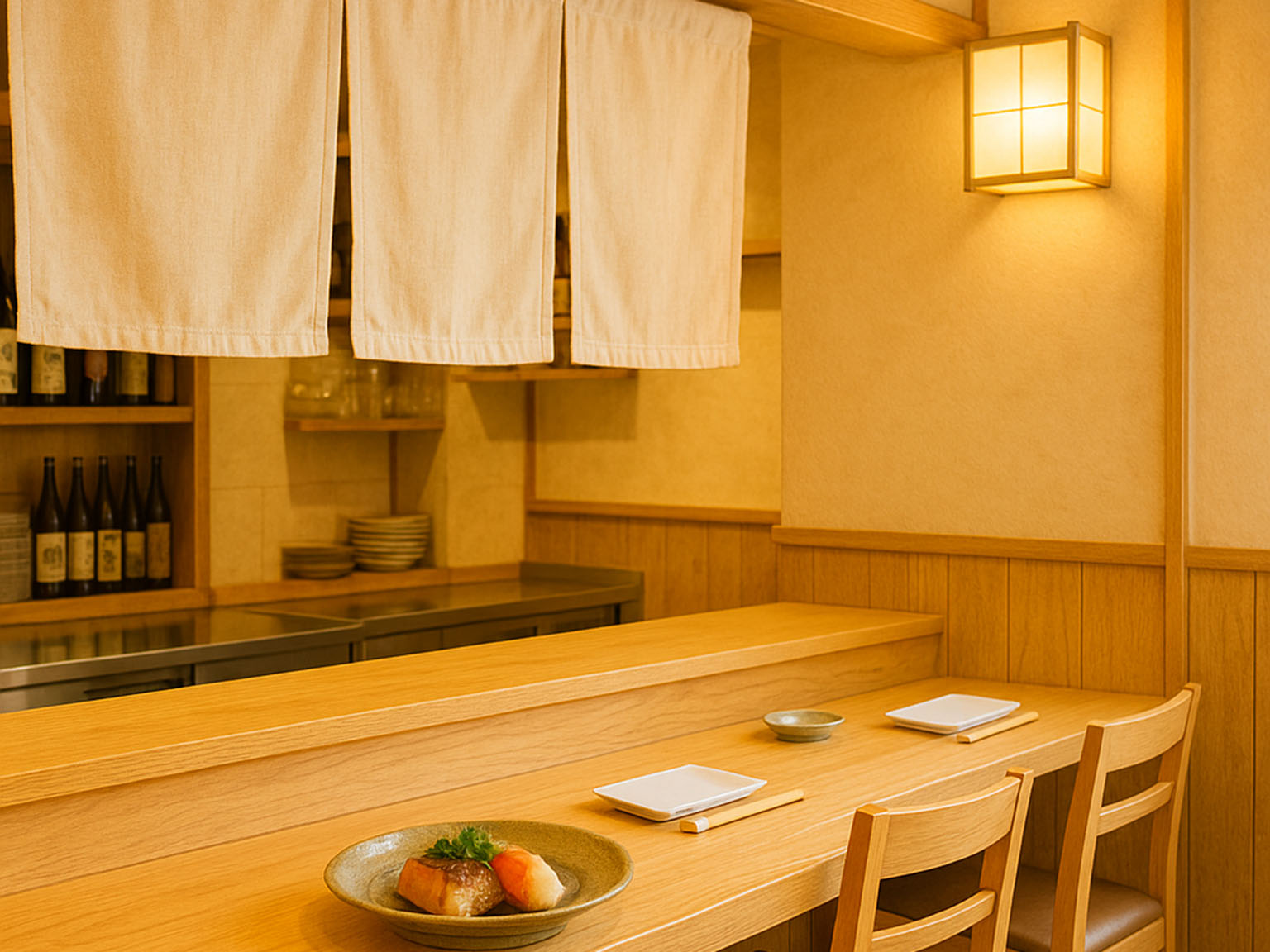 落ち着いた木のカウンターと暖簾のある店内