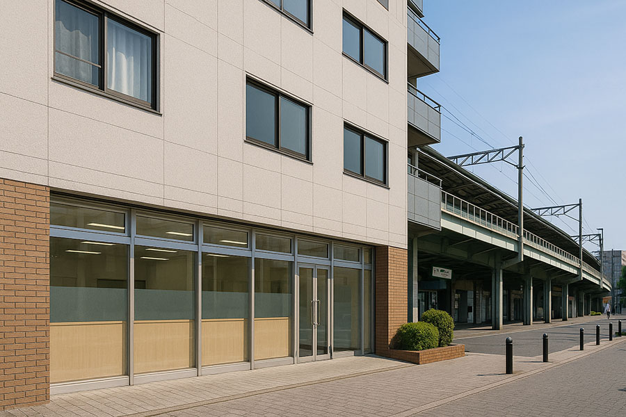 駅前の校舎外観